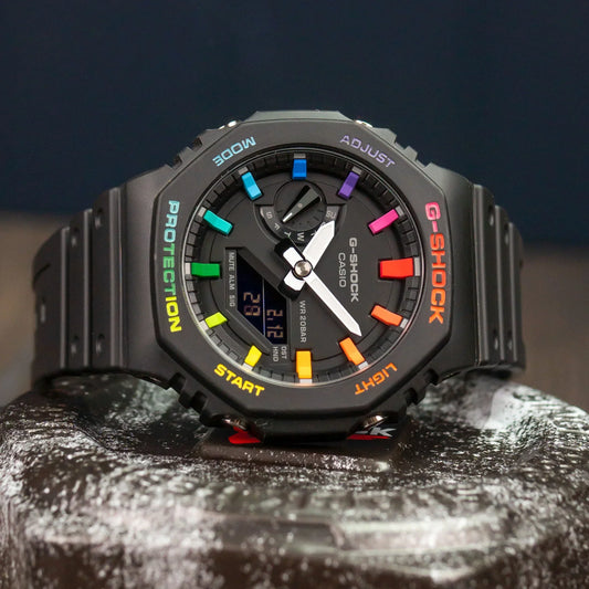G-shock Metal Covered Black Rainbow Analog-Digital Watch World Time Multi-Function Resin Band Sports Watch GS-2103