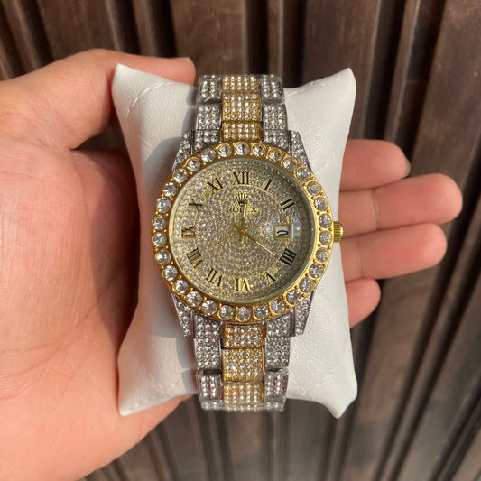 Stylish Watch With Analog Diamond Set Silver And Golden Strap & Golden Color Dial Royal Stainless Steel