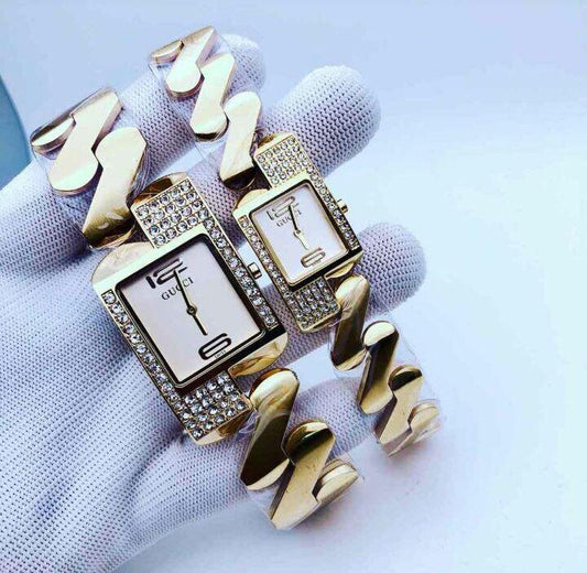 Zigzag Wrist Watches With Diamond Case For Couples Gold Color Strap And White Dial Watch For Couple-Best Gift watch For Couples GC-5298