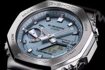 Casio G-Shock Solar Stainless Steel, Analog Digital with Ice Blue Dial/ Black Band Sport Men's Watch-GS-6447