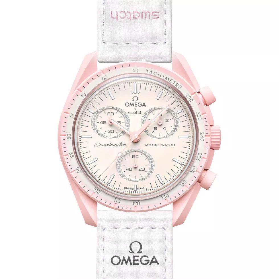 Pink & White Dial/White Strap Bioceramic Moonswatch Mission to Mercury OG-1022