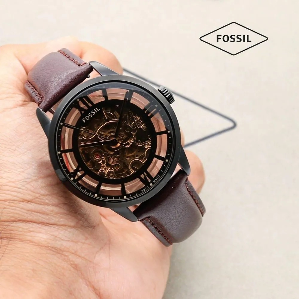 Fossil Townsman Automatic In Black & Transparent Case With Dark Brown ...